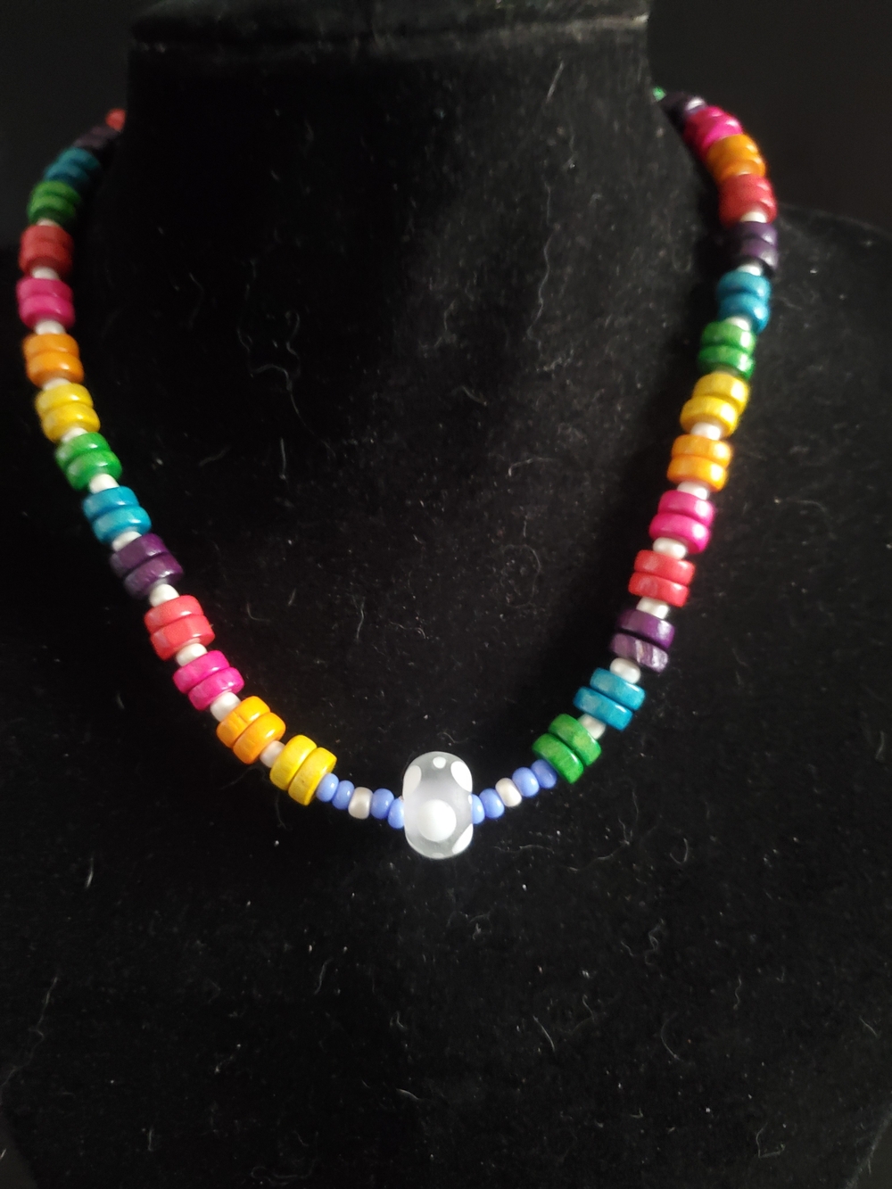 Multicolor Beaded Necklace with White Mushroom Accent
